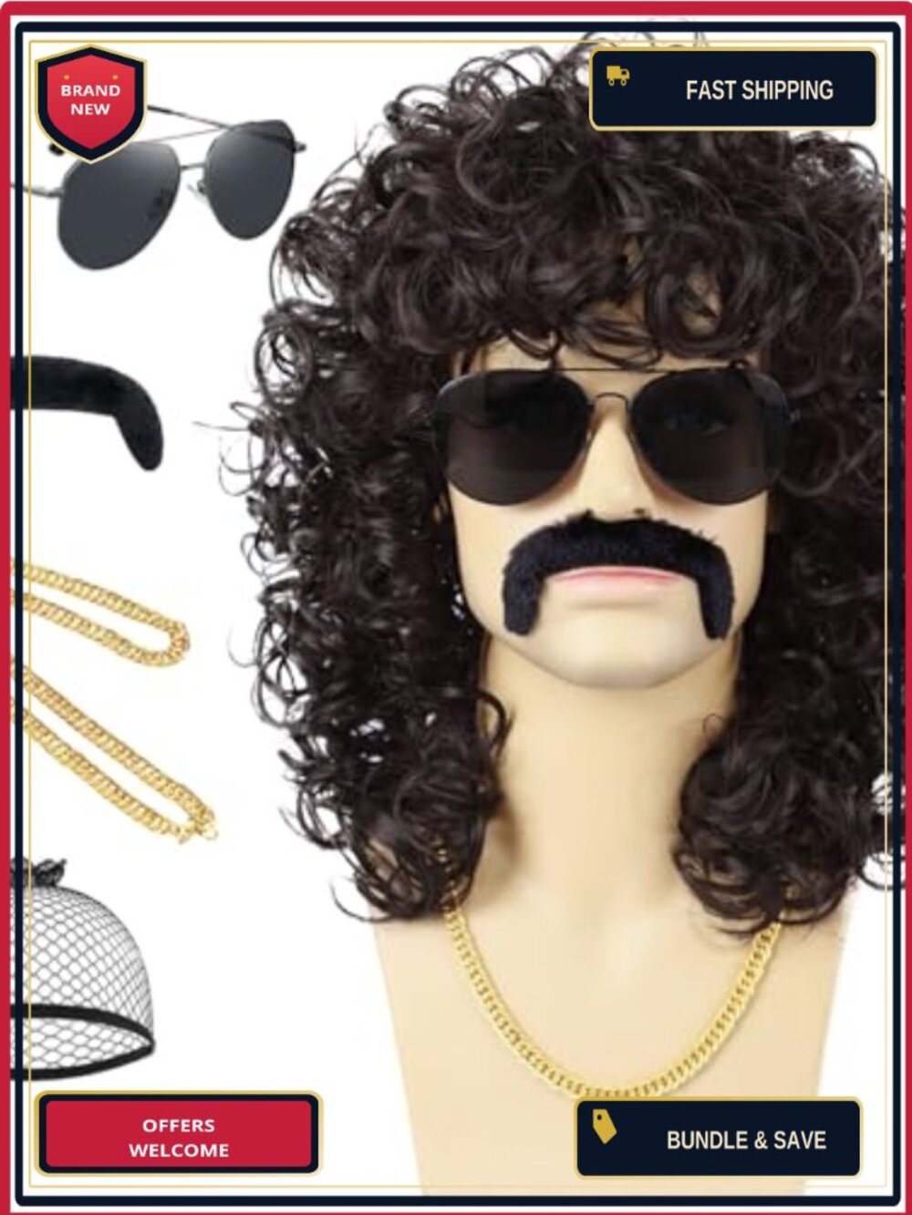 70s 80s Mens Black Wig Set with Glasses Chain Mustache Cap Long Curly Synthetic